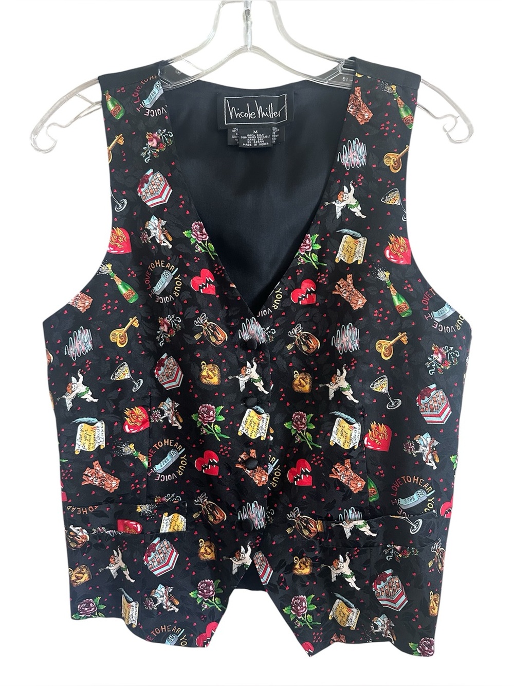 Vintage Nicole Miller 100% Silk Vest M Love Letters Cherubs Novelty Print RARE